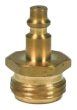 A close up of a brass hose connector on a white background.