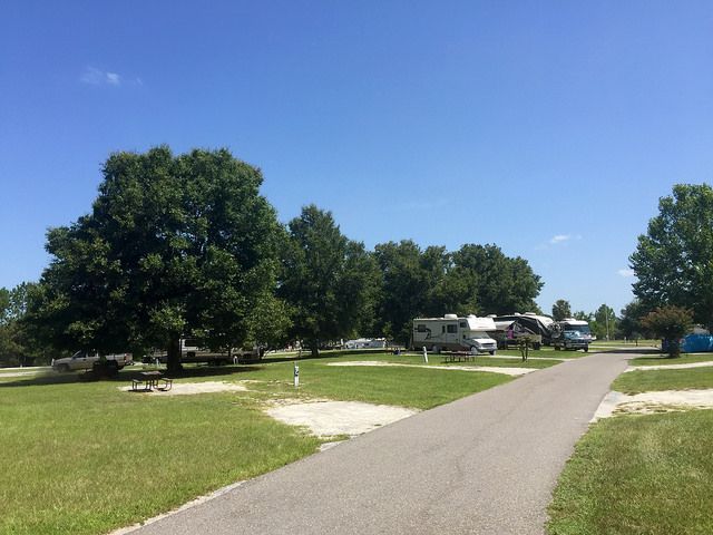 Campground with RVs parked on grassy lots, paved road, trees, blue sky.