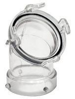 A clear plastic container with a handle on a white background.