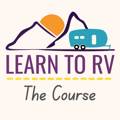Learn to RV course logo with mountains, orange sun, teal camper, and “The Course” text