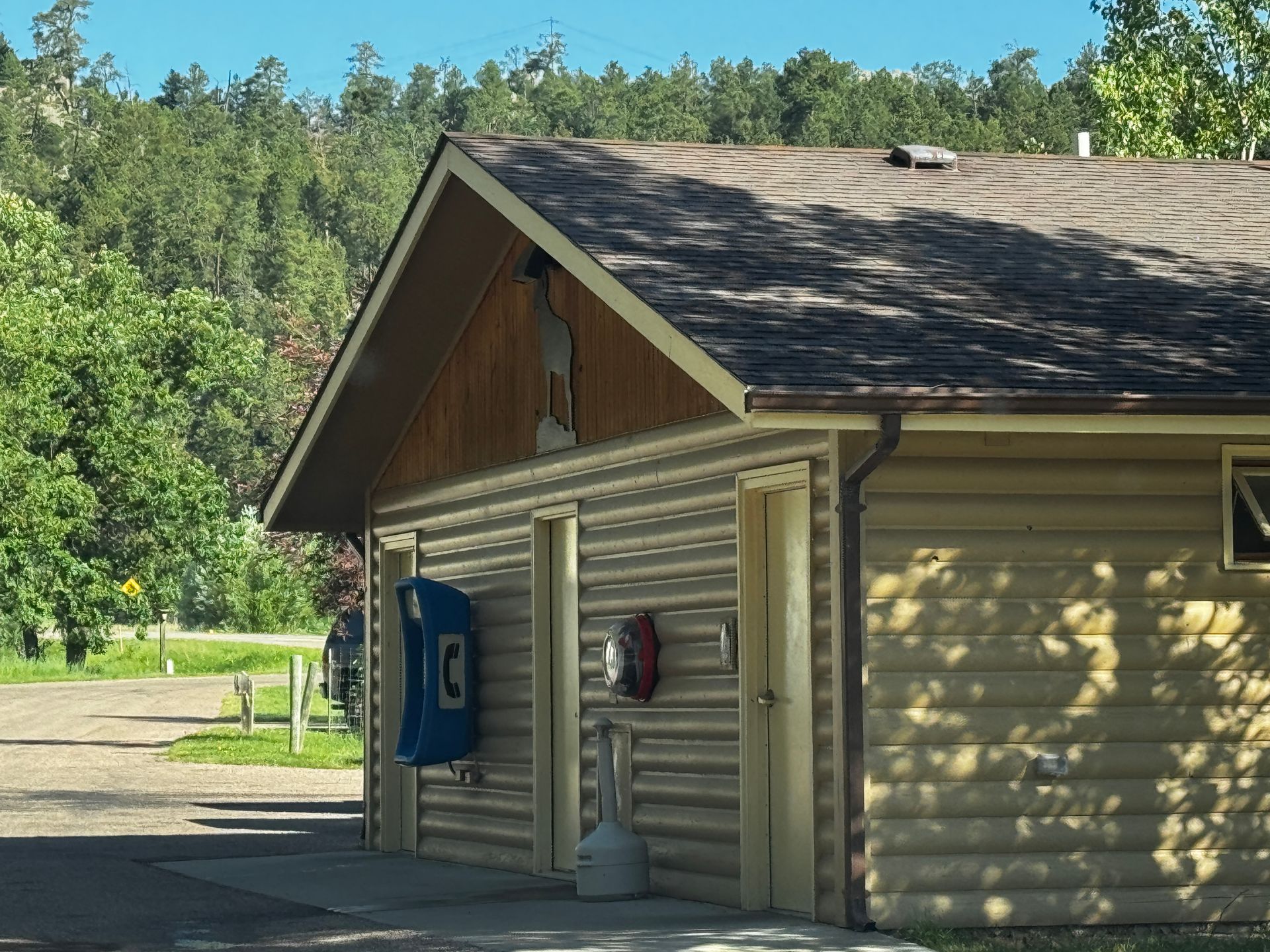 Public restroom building with wood siding, blue and red objects on the exterior. Forest in background.