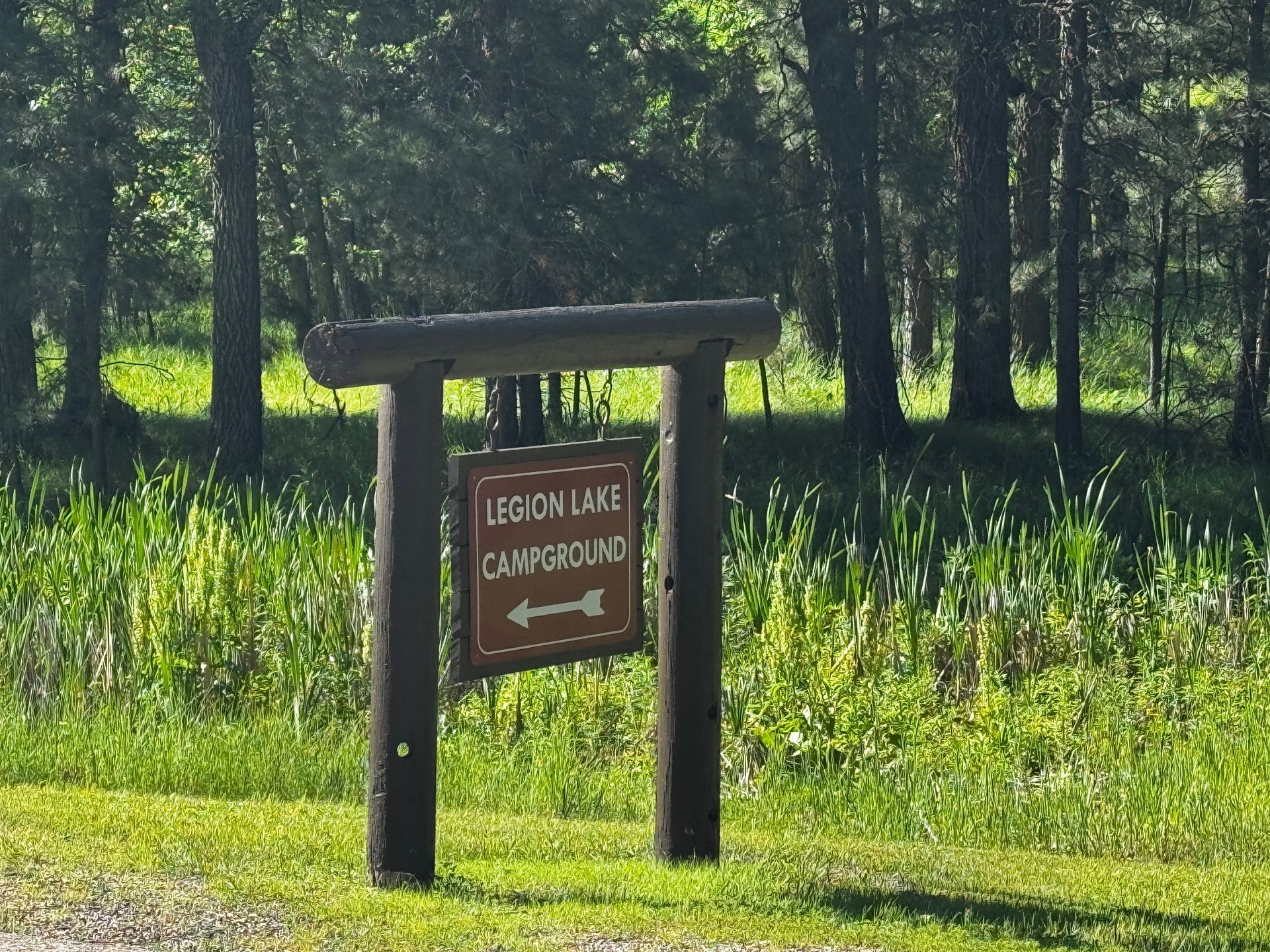 Sign for Legion Lake Campground 3, pointing right, in a grassy area with trees.