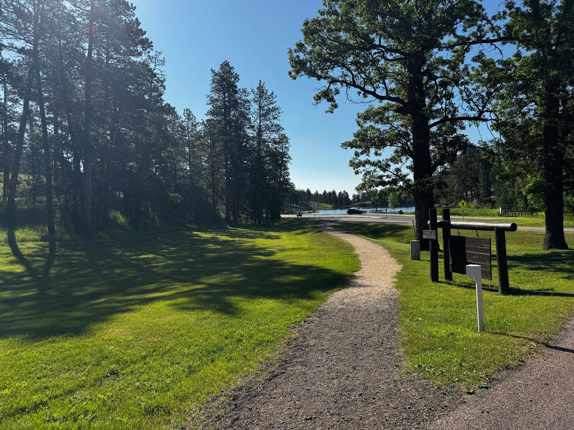 Gravel path through green grass leading to a lake, trees line the path on either side under a blue sky.