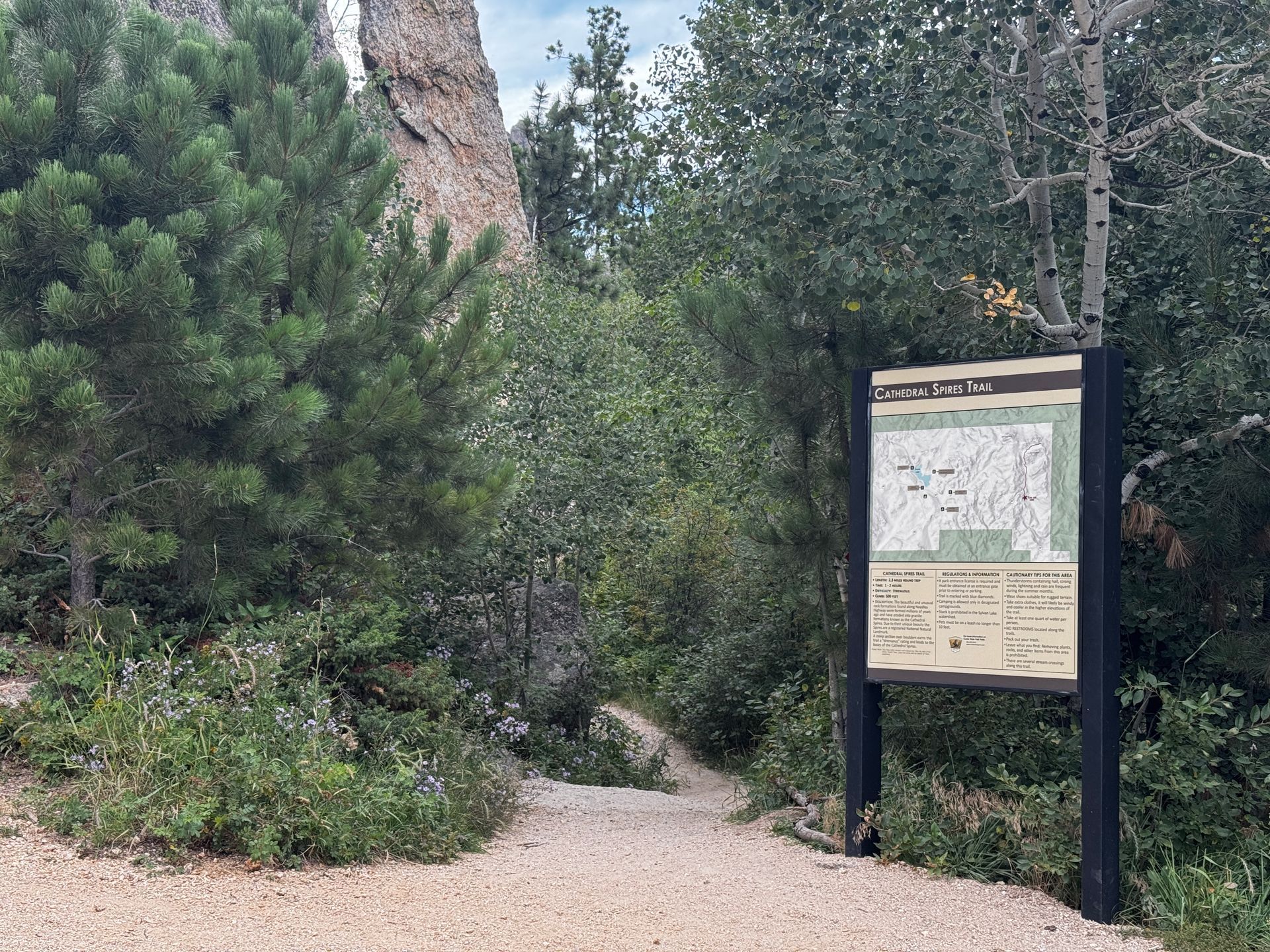 Trailhead with a map sign surrounded by trees.