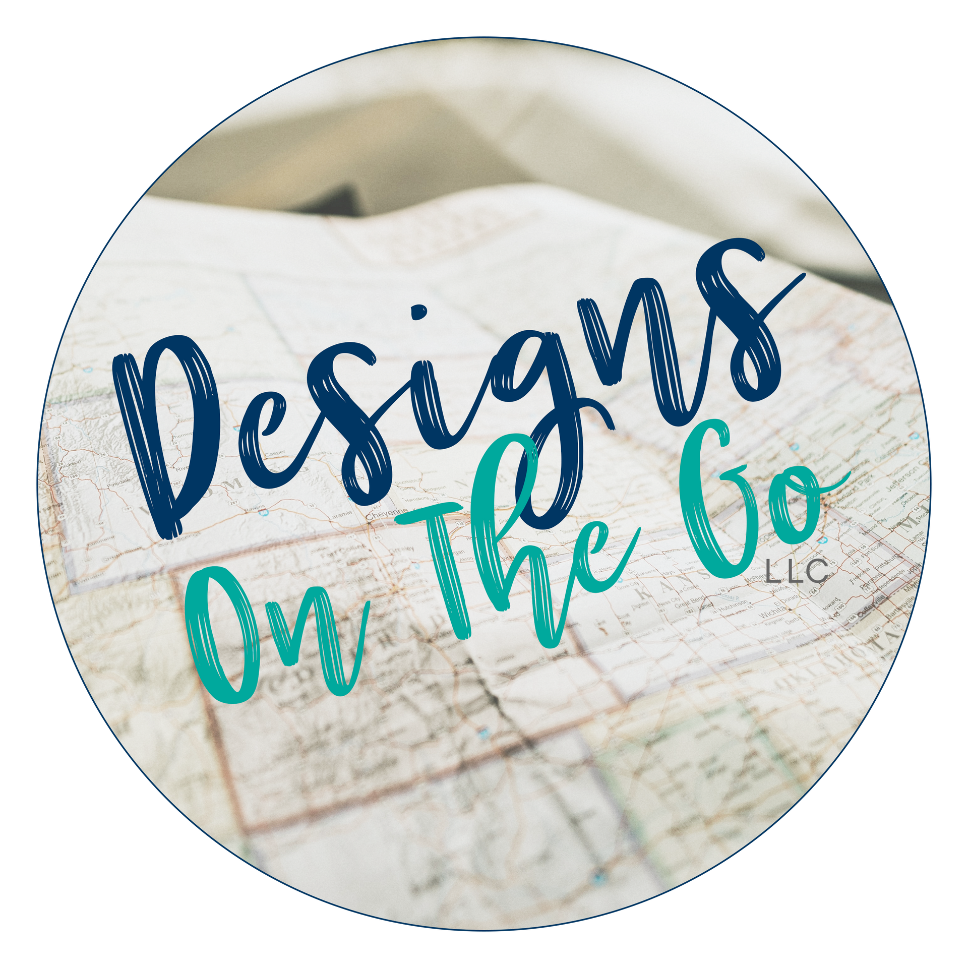 Designs On The Go logo on a blurred map background, with teal and navy lettering.