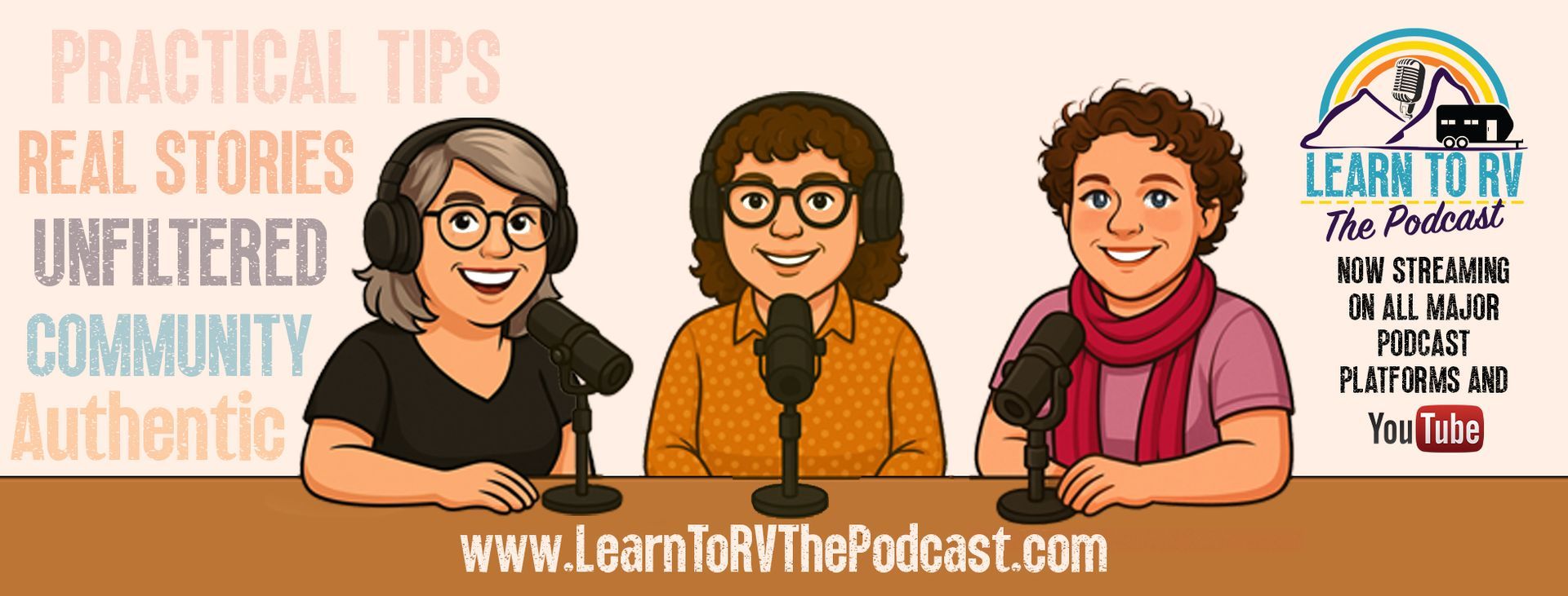 Three cartoon podcasters with microphones, smiling. Text: