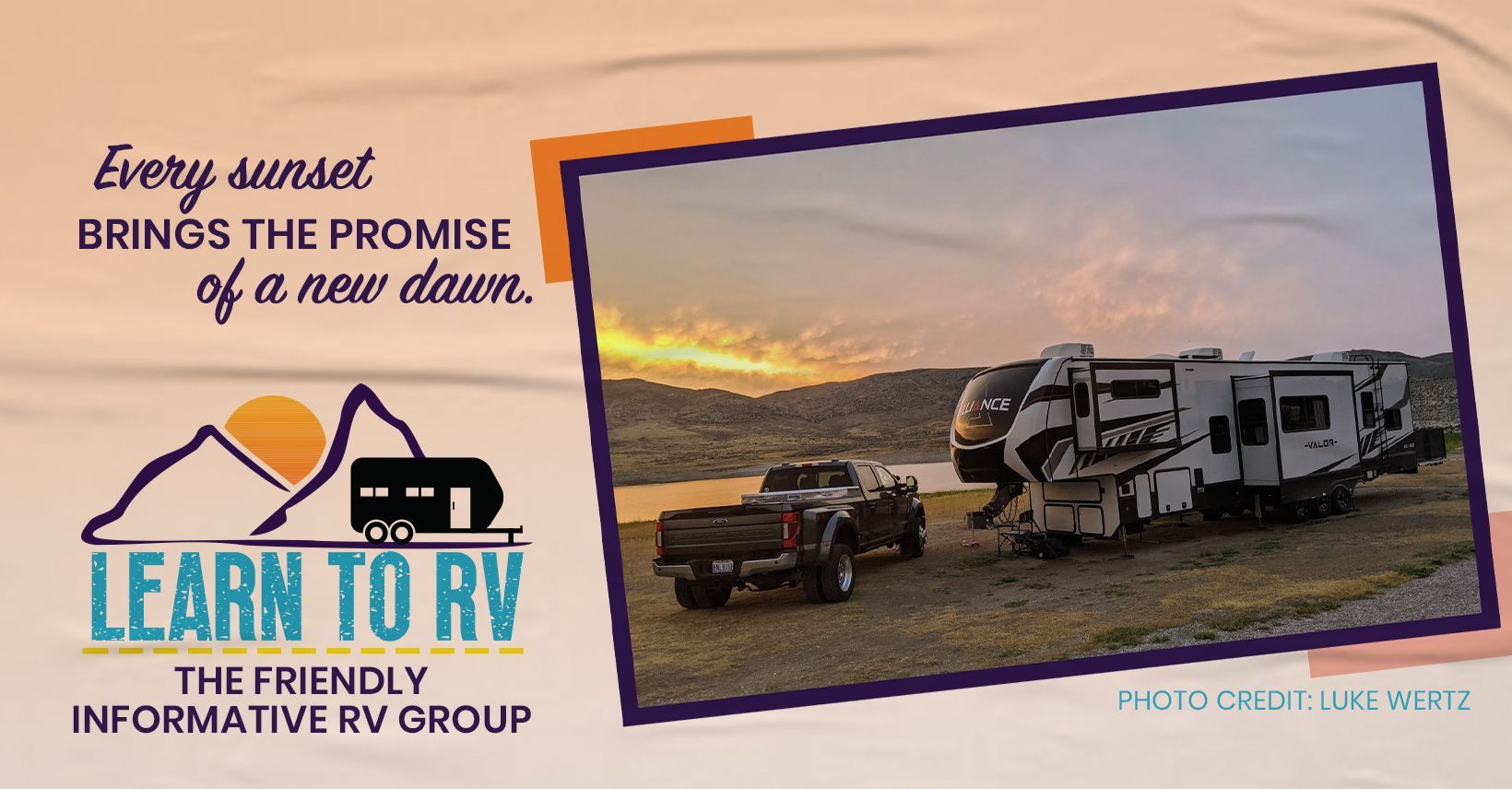 RV advertisement: RVs parked at sunset near water; text