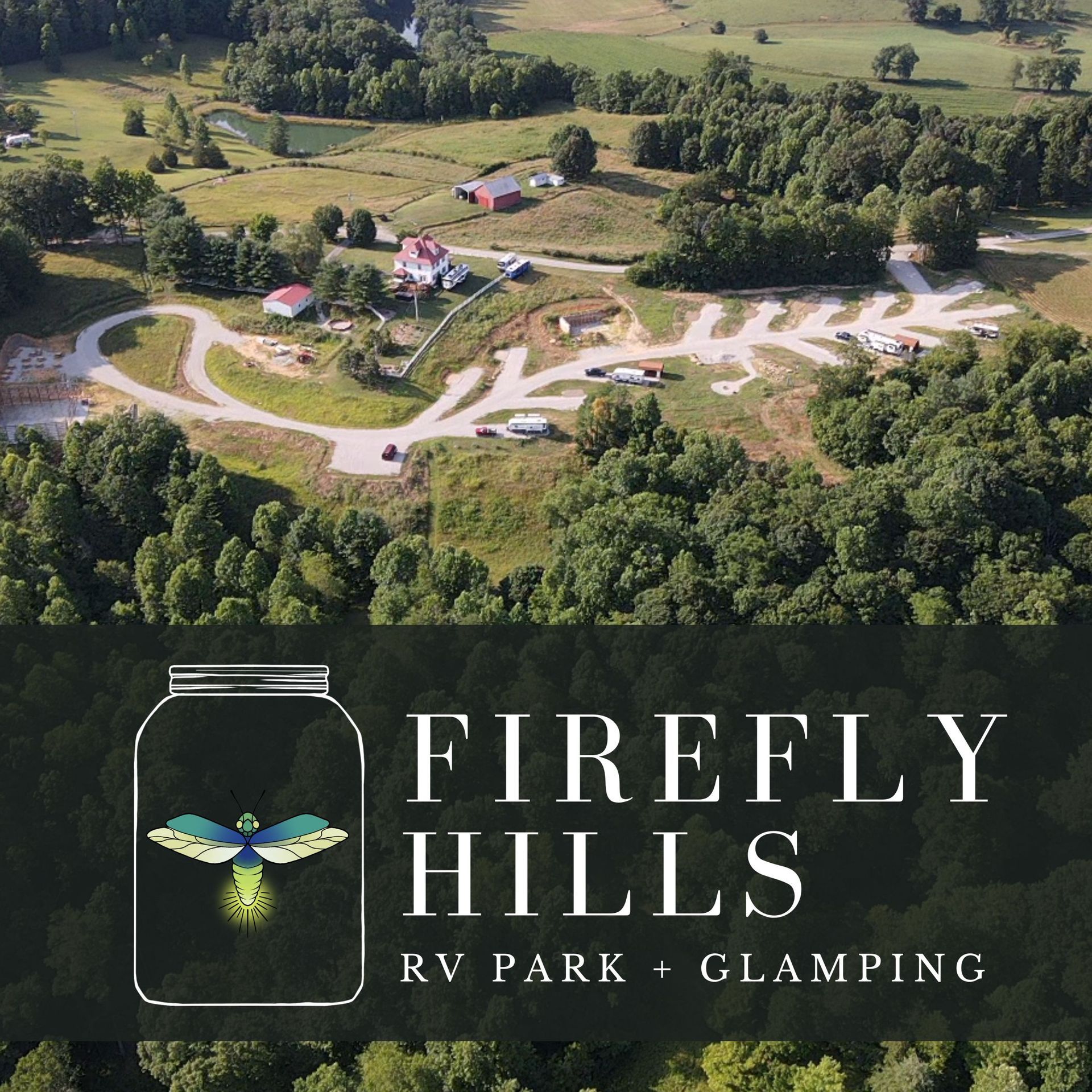 An aerial view of firefly hills rv park and glamping
