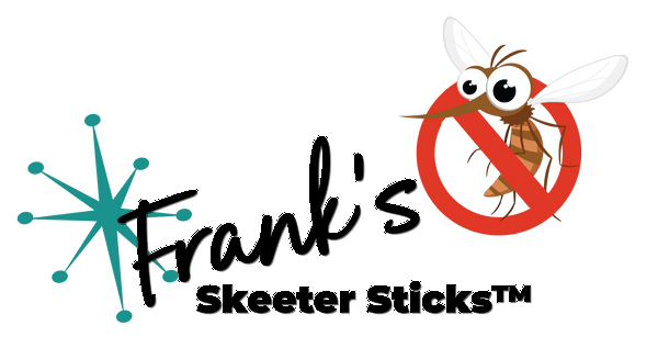 Logo for Frank's Skeeter Sticks with a cartoon mosquito crossed out by a red circle, teal bursts and script text.