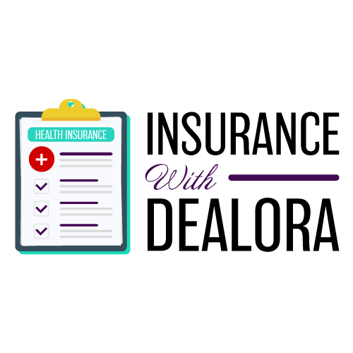 Insurance logo with clipboard icon and text “Insurance With Dealora” in black, purple, teal, and yellow