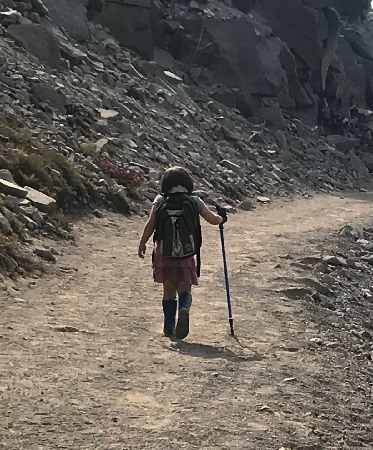 A young person hikes on a dirt path, carrying a backpack and using a trekking pole. Rocky hillside backdrop.