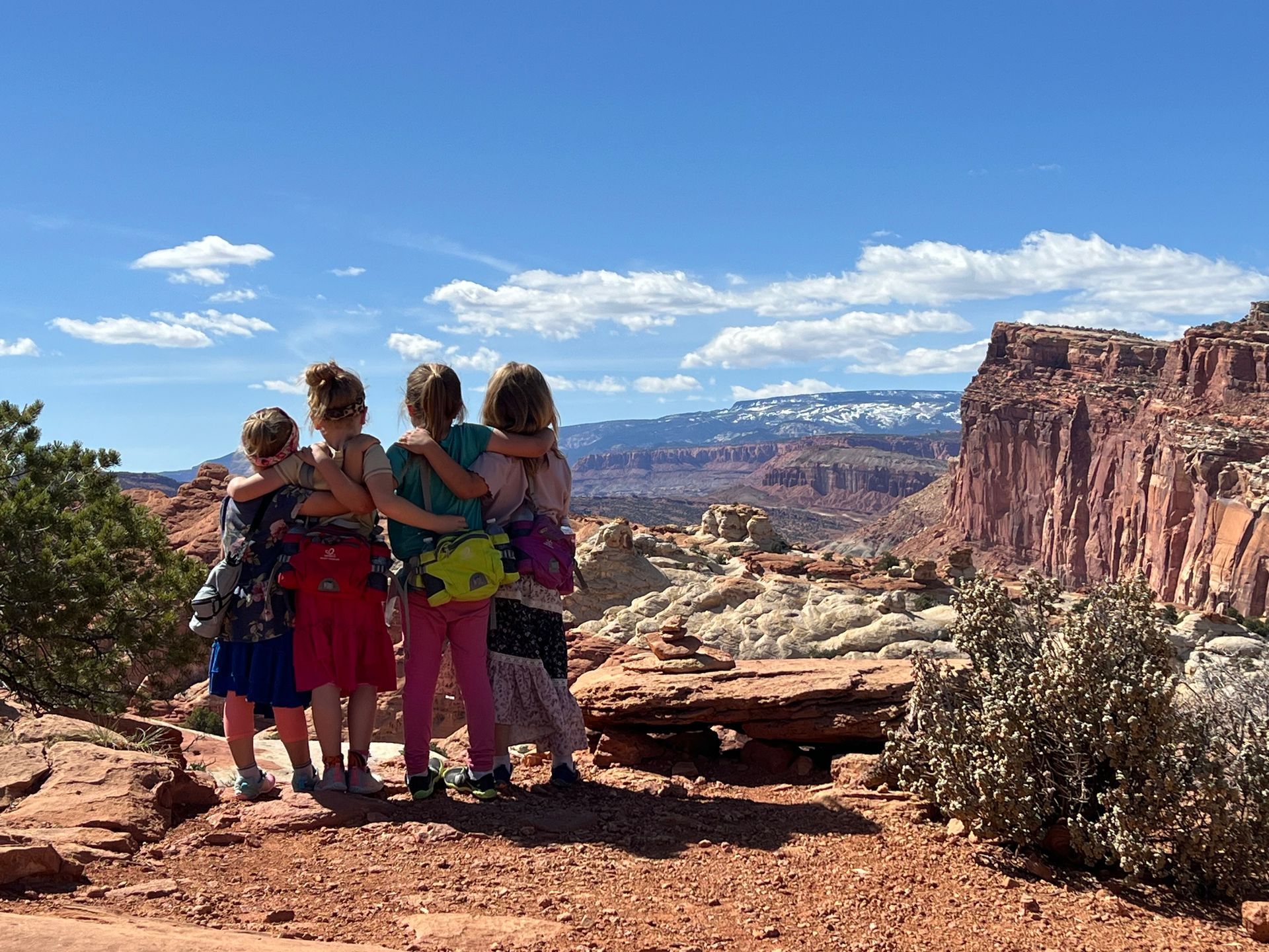 Four young girls with arms around each other, looking at a canyon landscape under a blue sky.