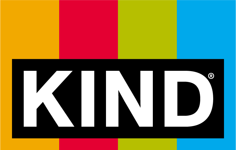 Logo for KIND brand of snack bars, white text on black rectangle over rainbow stripes.