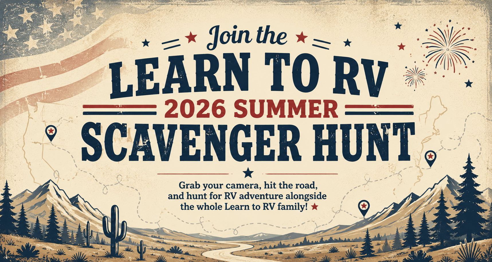 Vintage poster reading “Learn to RV 2026 Summer Scavenger Hunt,” with mountains and RV illustrations.