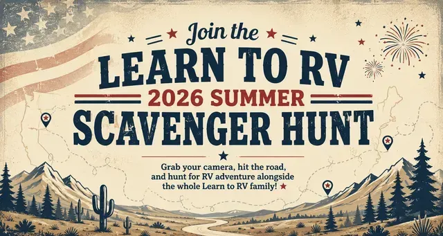 Vintage-style poster for a 2026 summer Learn to RV scavenger hunt with mountains and pine trees