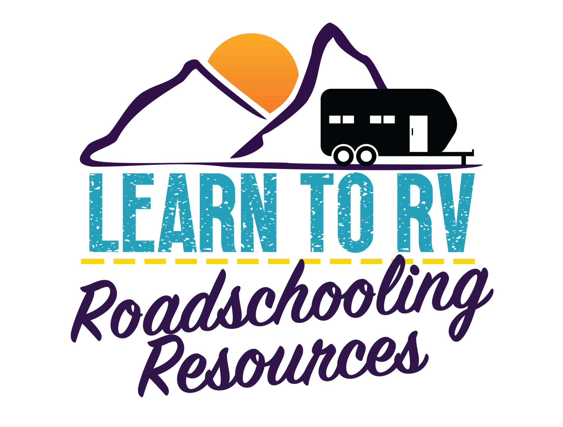 Logo: RV trailer, mountains, sun, and text 