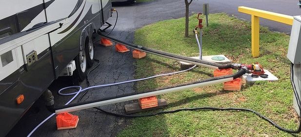 An RV is connected to utilities with leveling blocks and hoses in a grassy area at a campground.