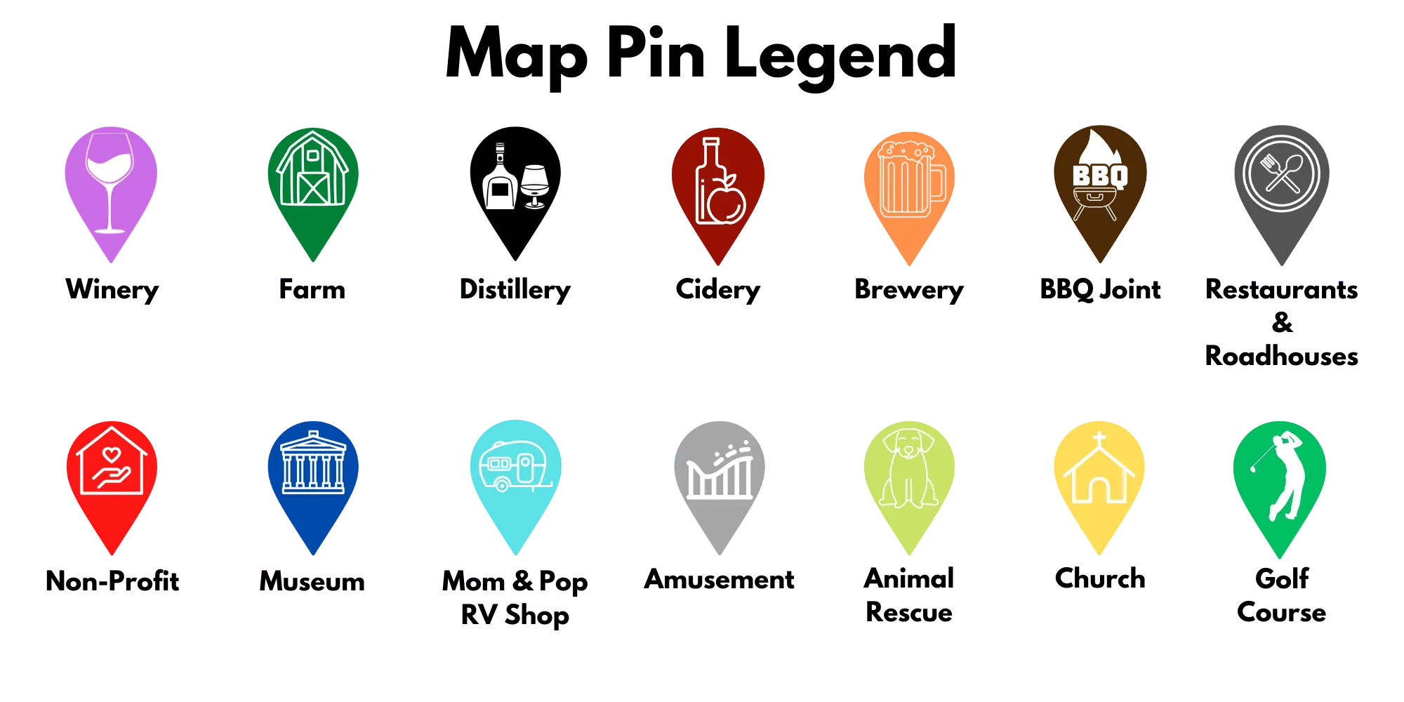 Map pin legend with 12 colored icons for winery, farm, distillery, bakery, recovery, attractions, and more