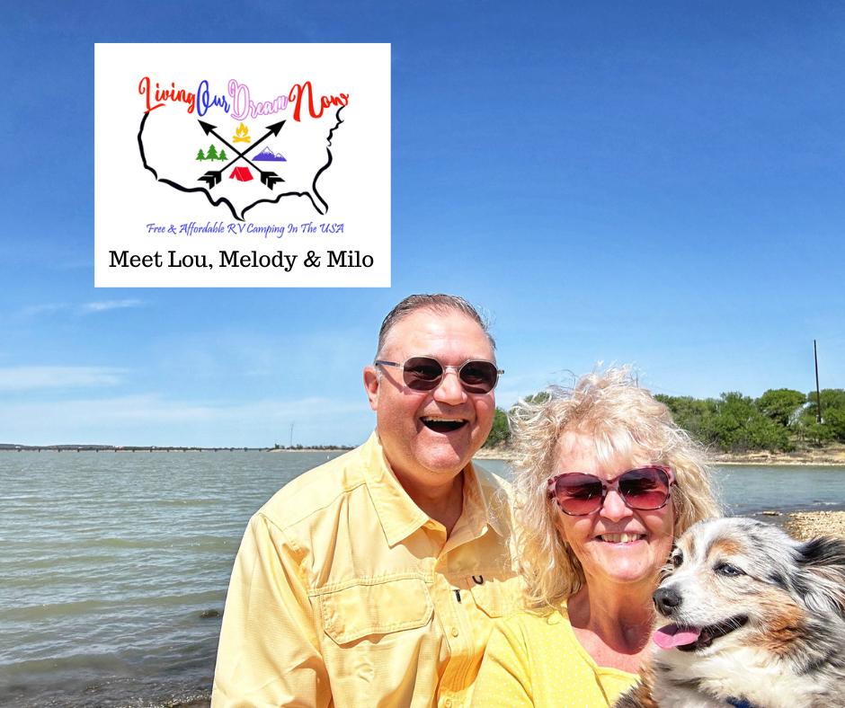 Couple and dog smiling by water. Logo: