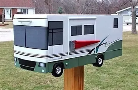 RV-shaped mailbox, white and green, mounted on a wooden post. Red mailbox flag.
