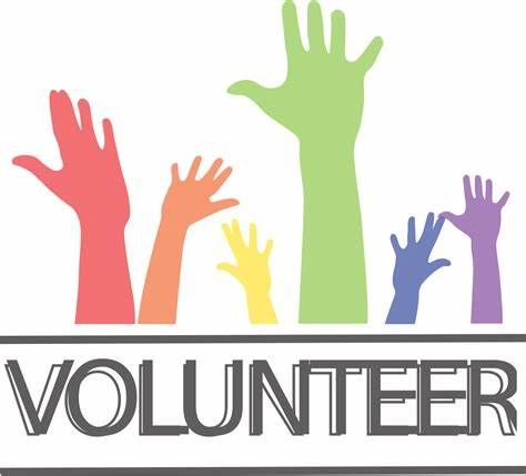 Colorful hands reaching up above the word VOLUNTEER.