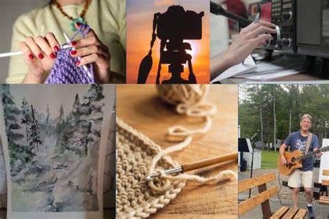 Collage showing activities: knitting, photography, pouring a drink, painting, knitting, playing guitar.