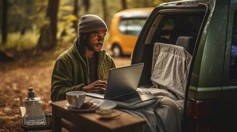 Man works on a laptop at a camping table set up in a van's open trunk in a forest.