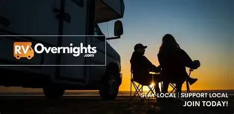 RV Overnights logo with silhouetted RV and two people sitting by a campfire at sunset, “Join today” text