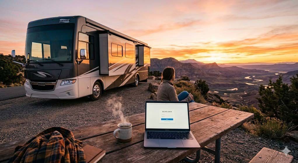 Laptop on picnic table overlooking a sunset campsite beside a parked RV and seated traveler