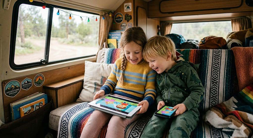 Two children sitting in a van, smiling and using a tablet together on patterned seats.