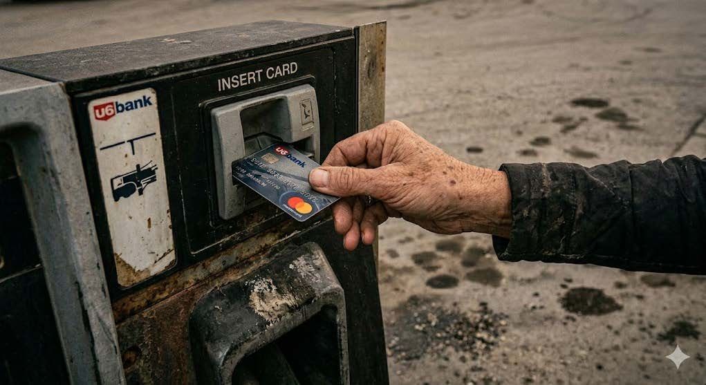 Hand inserting a card into a dusty, weathered ATM outdoors