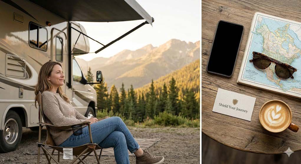 Woman relaxing in a folding chair beside an RV, with a mountain view and travel essentials on a table.