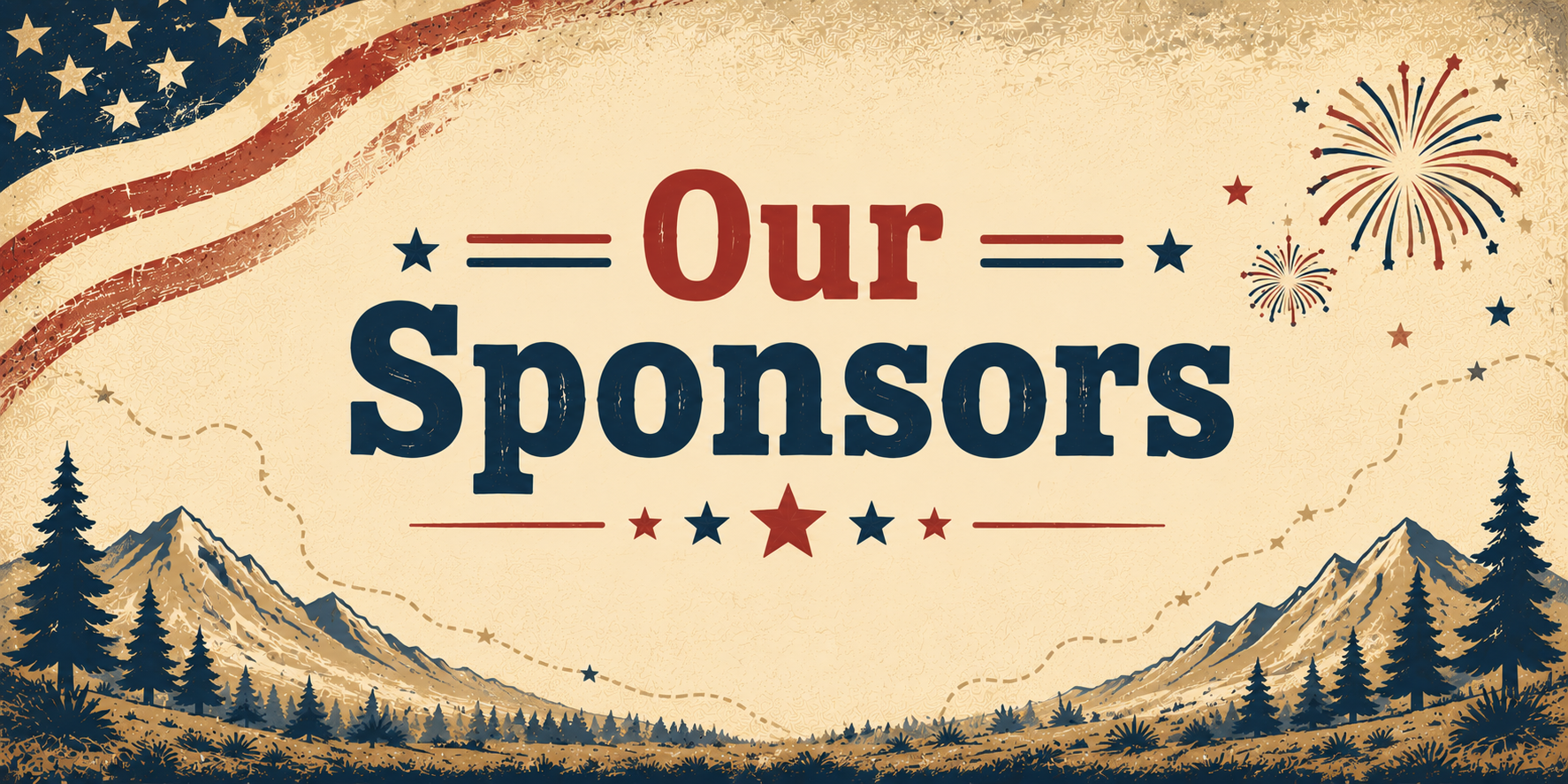 Our Sponsors banner with stars, fireworks, and mountain landscape in red, white, and blue
