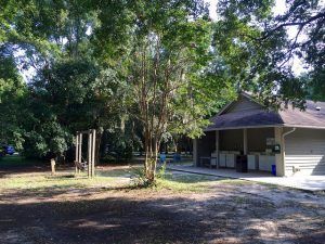 A house with a porch and swings in front of it surrounded by trees.
