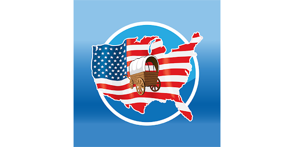 Blue icon with U.S. map in red, white, and blue flag stripes around a central oil barrel and drill bit