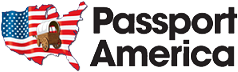 Logo of Passport America with the US map in the background and a covered wagon on it.