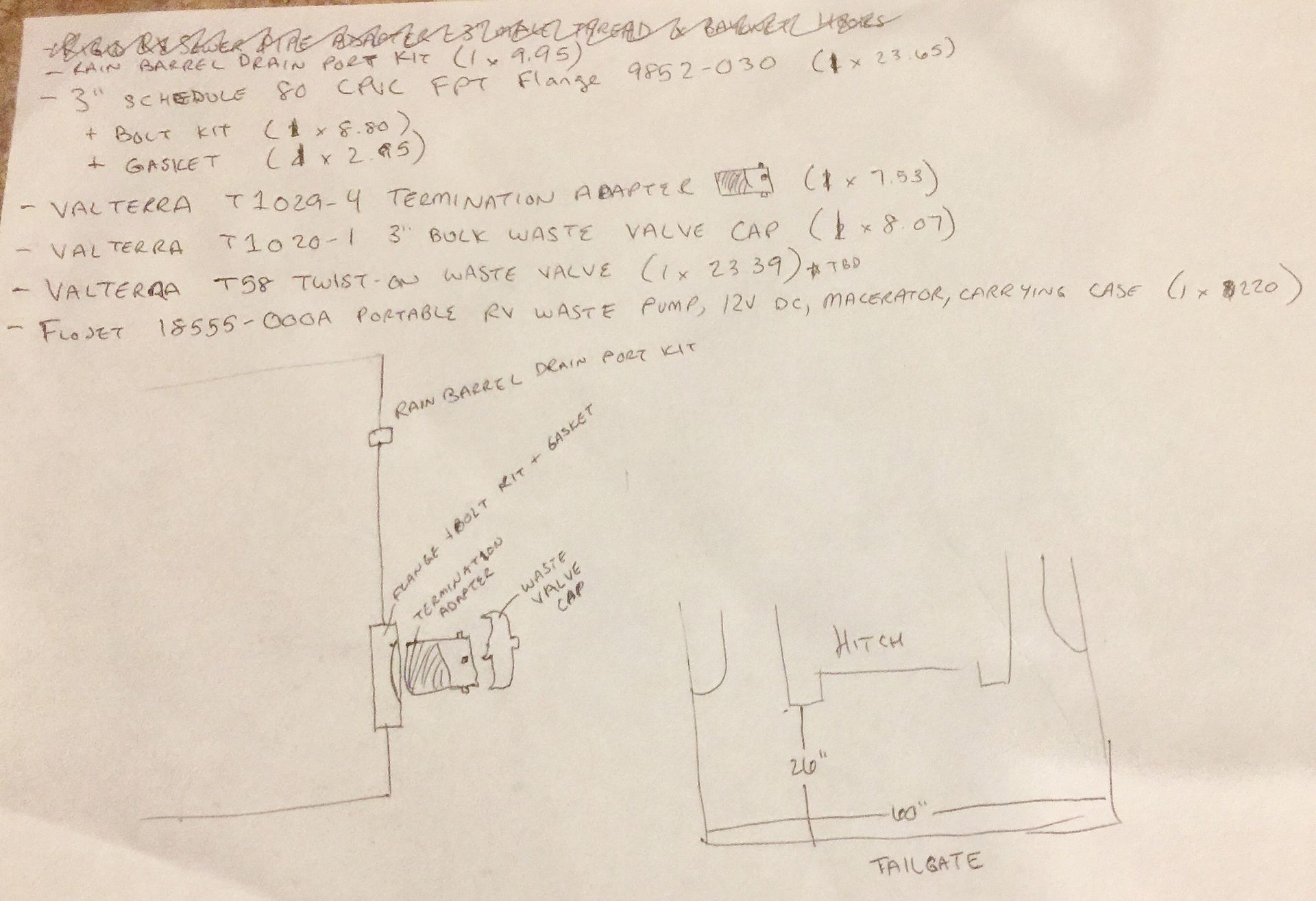 Hand-drawn diagram with a list of parts and a garage floor plan, with notes on plumbing layout.