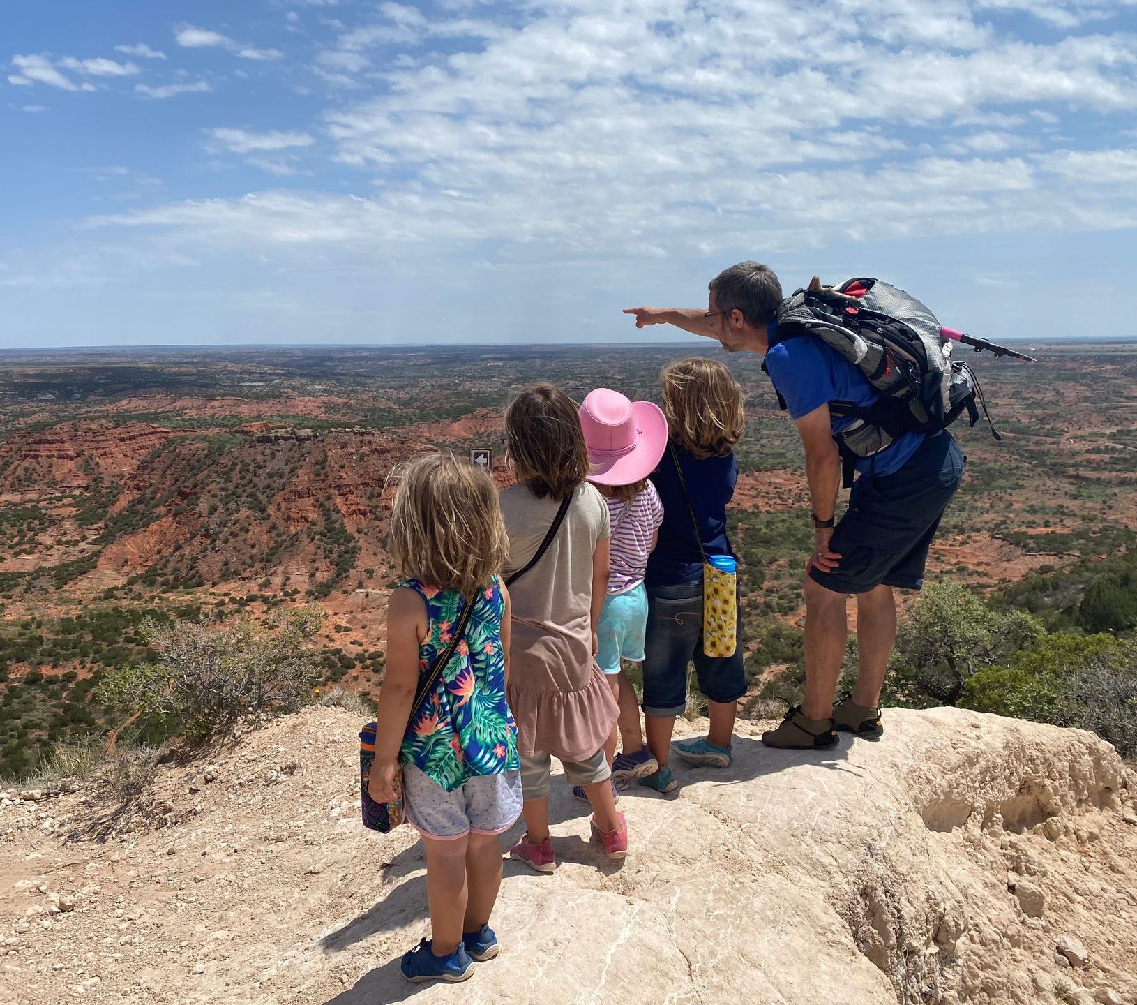 Group of children and adult looking over a vast, red-earth landscape; person points out a feature to the children.