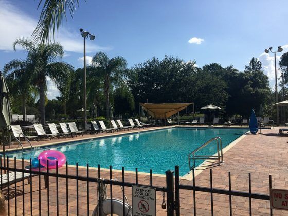 A large swimming pool surrounded by chairs and umbrellas is behind a fence.