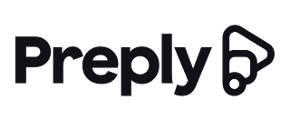 Preply logo: Black text with a symbol resembling a play button and a speech bubble.