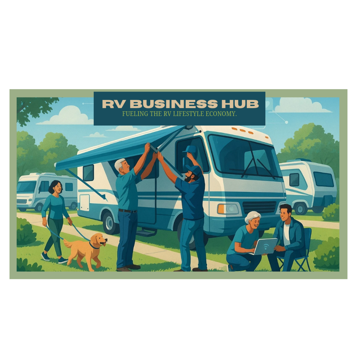RV Business Hub banner with people setting up a large white RV in a green outdoor park setting