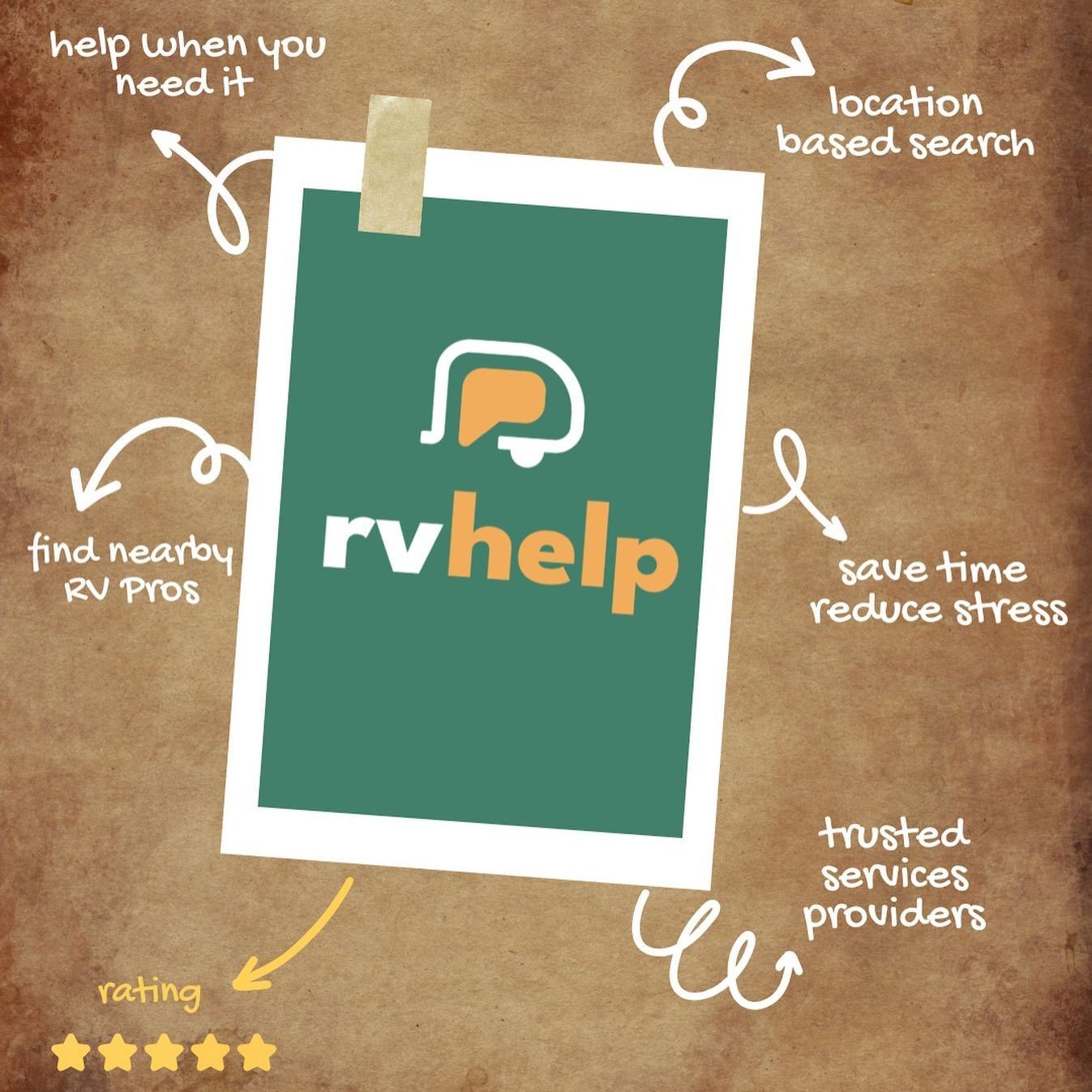 Rvhelp logo on a green card with features: help, location search, RV Pros, save time, trusted providers, and a rating.