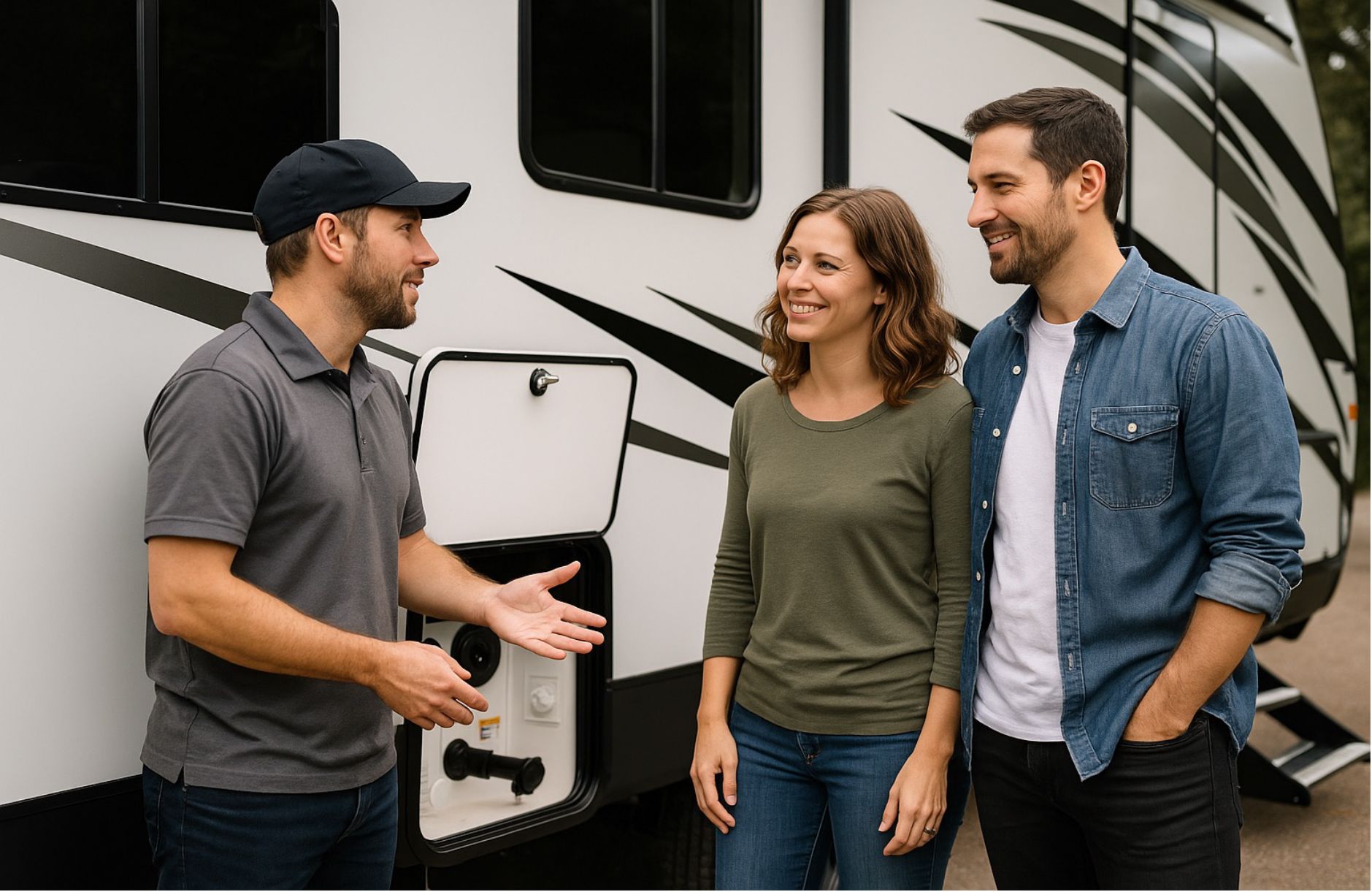Man showing couple features of an RV, speaking with hands. RV is white with black accents.