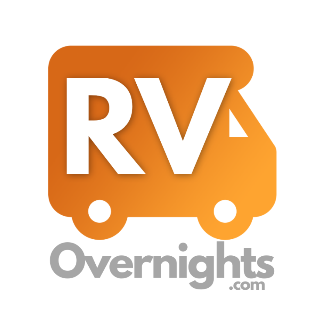 Orange RV logo with white “RV” and gray “Overnights.com” text; stylized camper van icon.