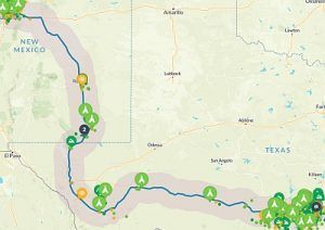 A map of new mexico and texas with green markers on it.