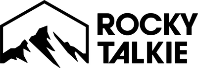 Logo of Rocky Talkie: Mountain range within a geometric shape next to the text