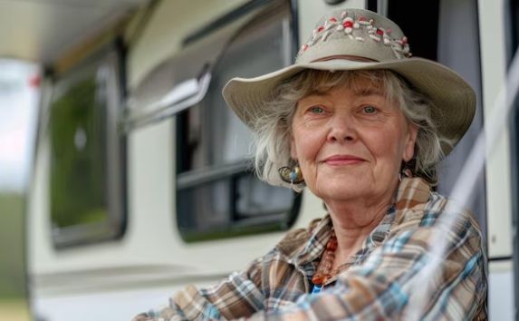Smiling woman in a hat sits beside a trailer, wearing a plaid shirt.