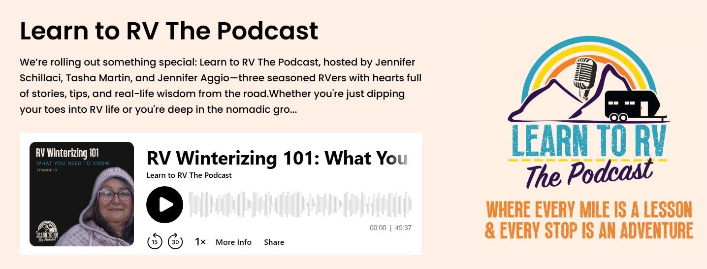 Podcast promotion featuring RV winterizing content. Rainbow and mountain logo.