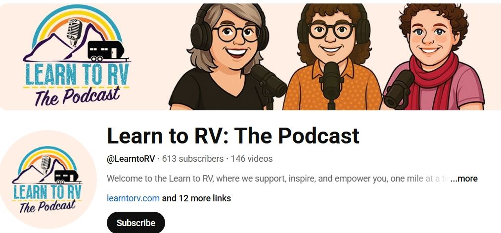 Podcast banner with three hosts and a logo of an RV and rainbow. The podcast name is