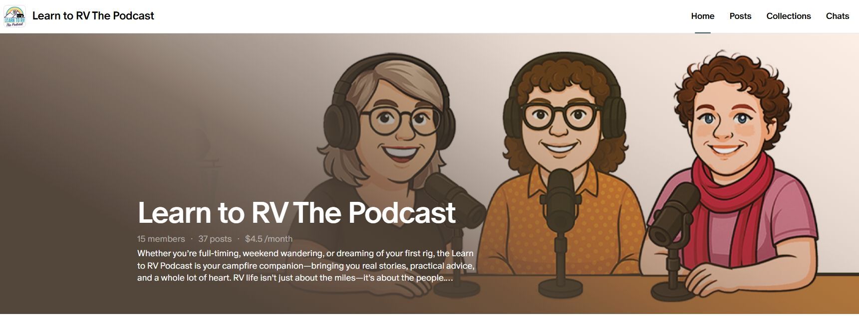 Podcast banner with three smiling hosts behind microphones.